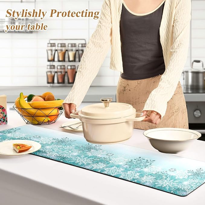 Silver Winter Teal Turquoise Snowflakes Christmas Trivet Table Runner 40 Inches Long Trivet for Hot Pots and Pans/Hot Dishes,Table Protector Heat Up to 230F, Decorative Hot Plates Mat for Kitchen Coun