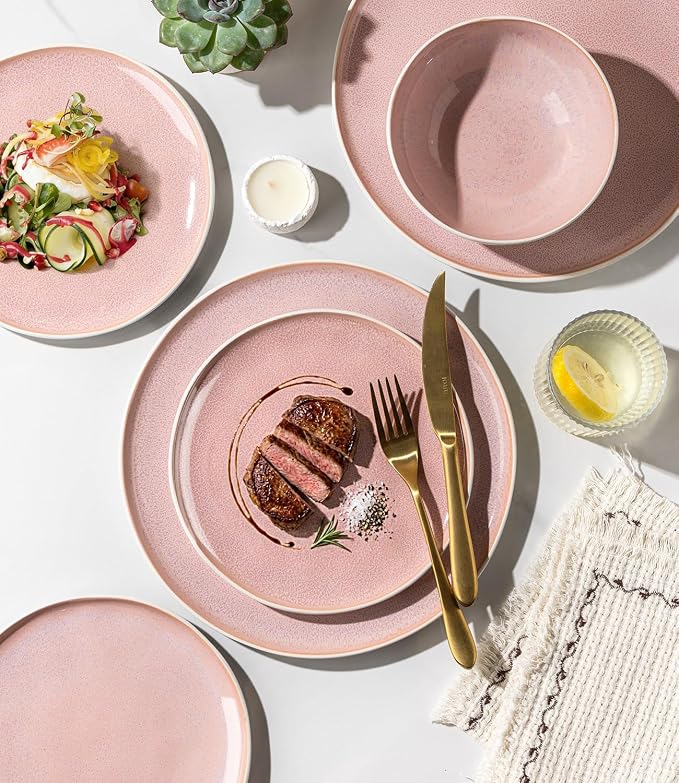GBHOME Stoneware Dinnerware Sets for 6, 24 Pieces Rustic Ceramic Plates and Bowls Set, Handmade Reactive Glaze Plate Sets, Highly Chip Resistant Dishes, Microwave & Dishwasher Safe, Pink
