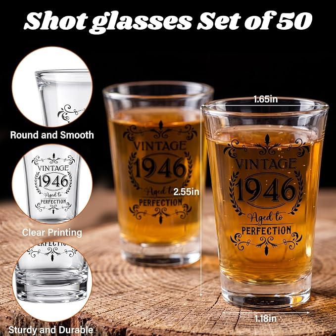LemonRoad 50 Set 80th Birthday Party Favor for Guest Bulk, 1.4oz Plastic Shot Glasses Cup, Cheers to 40/50/60/70/80 Years Beer Bottle Opener Keychain Thank You Card Gift Bag for Souvenir Party Gift