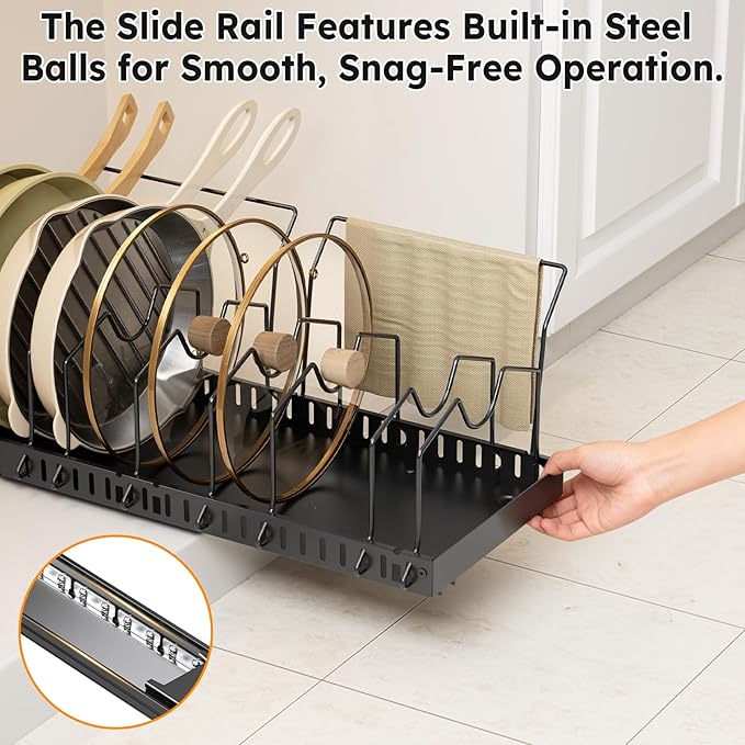 DTUQYX Pull-out Pots and Pans Organizer Under Cabinet - 1 Pack Expandable Pot and Pan Organizer Rack with 10 Adjustable Dividers for Pot, Cutting Board, Dishes, Lid, Baking Tray