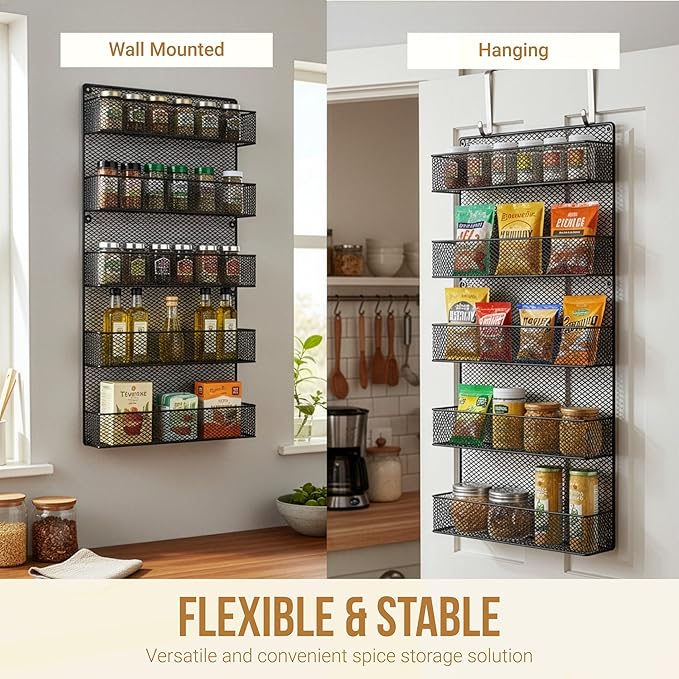 SPICE RACKS Organizer - Country Rustic Wire Style - Great Storage for Pantry, Cabinet and Kitchen - Wall Mounted 5 Tier Shelves
