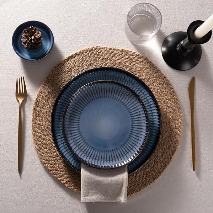 Famiware Starlight 24-Piece Plates and Bowls Sets for 8, Stoneware Dinnerware with Ribbed Textured, Handcrafted Reactive Glaze Dishes - Dishwasher & Microwave Safe, Chip/Scratch Resistant, Starry Blue