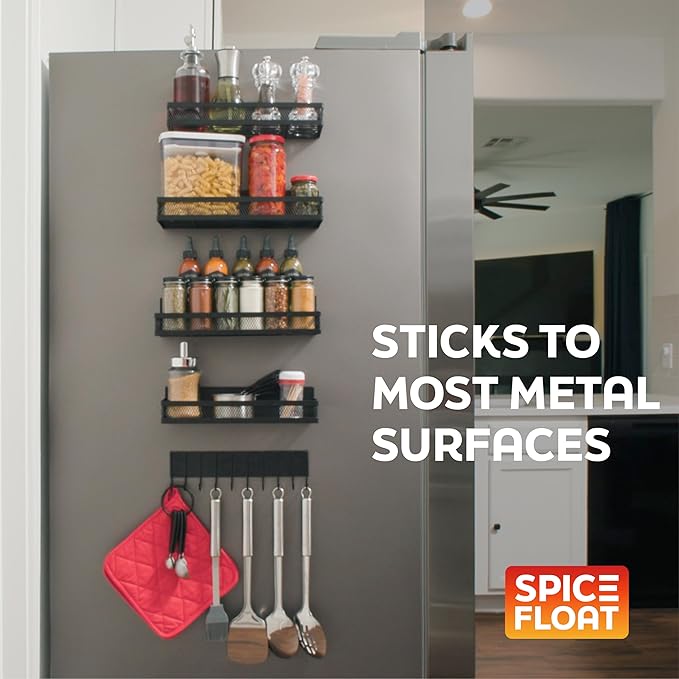 Houseify SPICE FLOAT Magnetic Spice Organizer Racks - 4 Premium Metal Racks + 1 Hanging Hook Bar Kitchen Shelf - Seasoning Organizer For Kitchen Appliances (3.94" x 12.2" x 3.15")