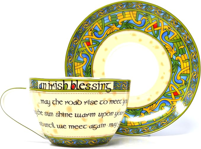 Royal Tara Traditional Irish Blessing Bone China Cup & Saucer - Irish Weave - 10.5 fl oz