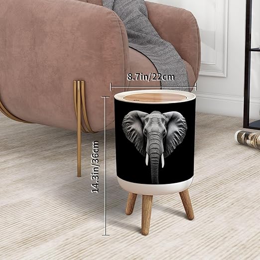 Trash Can with Lid Monochrome Portrait Elephant Press Top Round Small Garbage Bin with Wooden Legs Waste Basket for Kitchen Bedroom Nursery 7L/1.8 Gallon