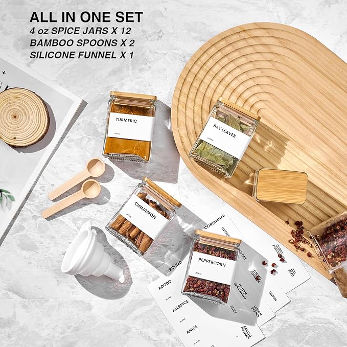 Glass Spice Jars with Bamboo Lid, 4oz Square Spice Containers for Pantry Organization, Seasoning Bottles with Labels, Spoons, Funnel for Salt Sugar