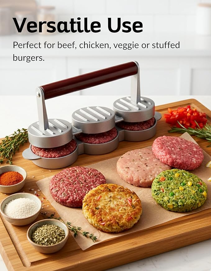 Boxiki Kitchen Mini Burger Press 3 Slot Slider Patty Maker for Hamburgers Veggie Burgers BBQ Compact Aluminum Press with Wooden Handle Dishwasher Safe Triple Patty Mold for Beef Turkey Sliders