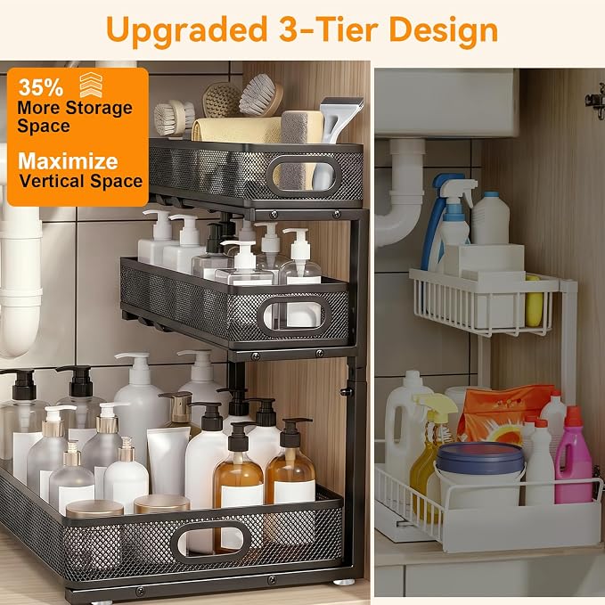 Under Sink Organizer for Bathroom, 3 Tier Adjustable Height Under Sink Storage, Sliding Pull Out Cabinet Organizer Shelf, Metal Multi-Purpose Cabinet Organizer for Kitchen (2 Pack, Black)