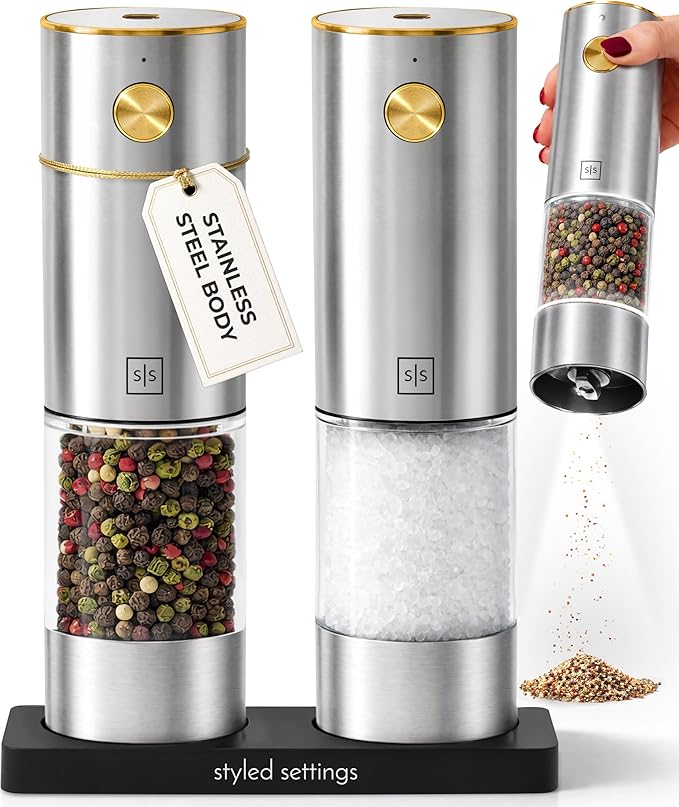 Electric Salt and Pepper Grinder Set Rechargeable – Stainless Steel Salt and Pepper Grinder Set with LED Light, USB Charging, Adjustable Coarseness, Kitchen Gadget Gift for Home Cooks