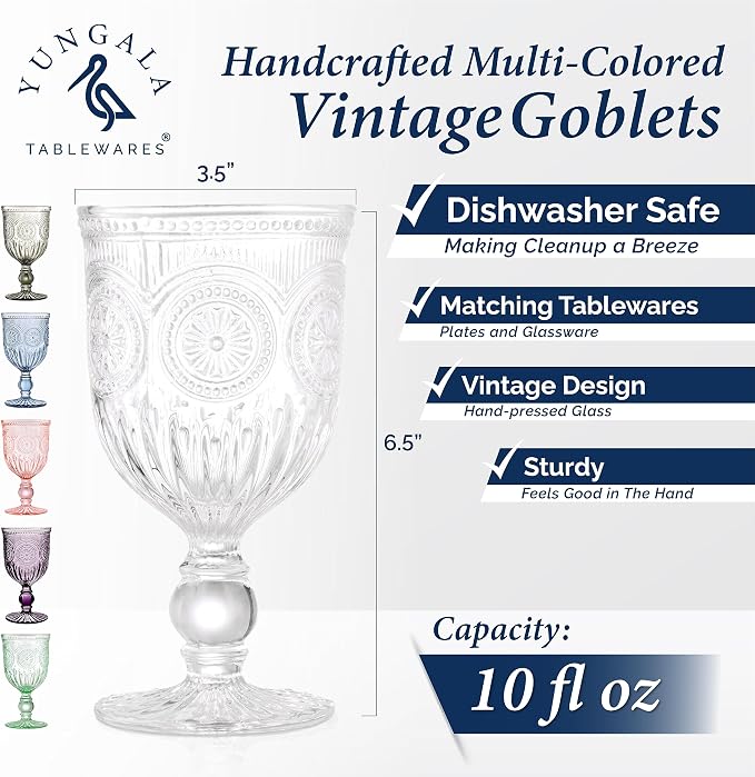 Multi Color Wine Glasses Set of 6 Vintage Hobnail Goblets 10 oz Dishwasher Safe