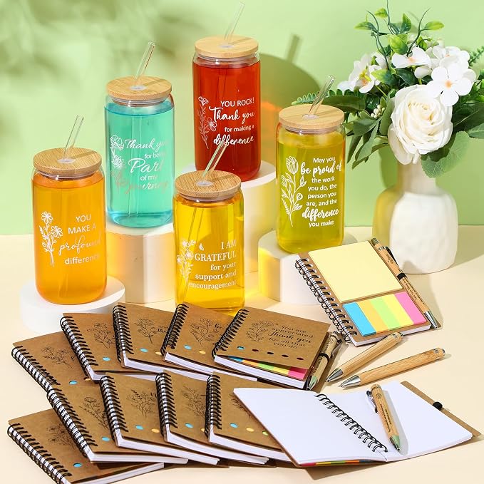 Skylety 12 Set Back to School Gifts for Teachers Bulk Thank You Eacher Gifts for Women Employee Appreciation 16 oz Glass Cups with Lids Straws Notebooks Pens for Team Coworker Nurse