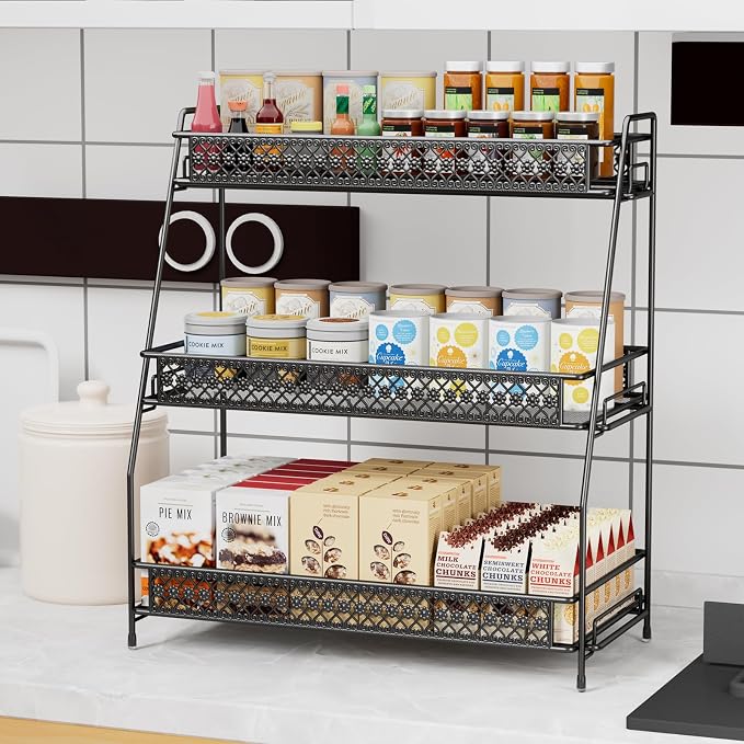 Vintage 3 Tier Spice Rack Organizer for Kitchen Counter, Bathroom Counter Organizer, 3 Tier Bathroom Counter Organizer for Spices Makeup Perfumes, Retro Countertop Organizer