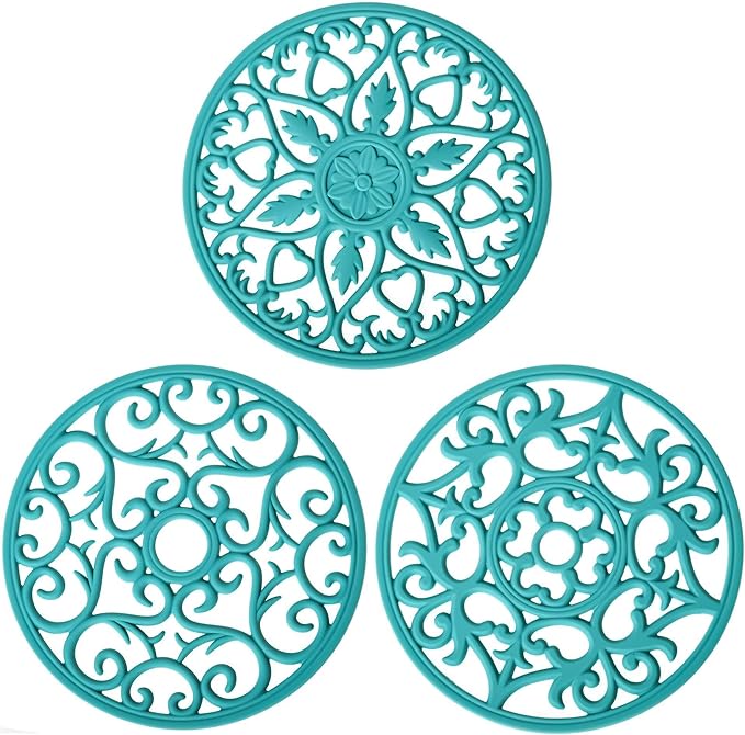 Teal Trivets for Hot Dishes, Silicone Hot Pads for Kitchen, Silicone Trivets for Hot Pots and Pans, Countertop and Tabletop Trivet Mat, Multi Use Round Silicon Pot Holders Set of 3