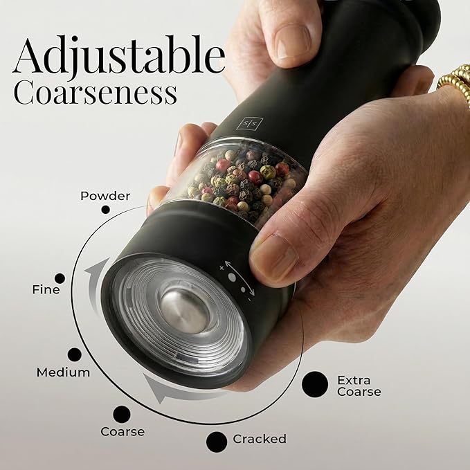 Electric Salt and Pepper Grinder Set - Styled Settings Electric Salt and Pepper Shakers, Automatic Stainless Steel Set with LED Light, Battery Operated, Adjustable Coarseness, Wood Base