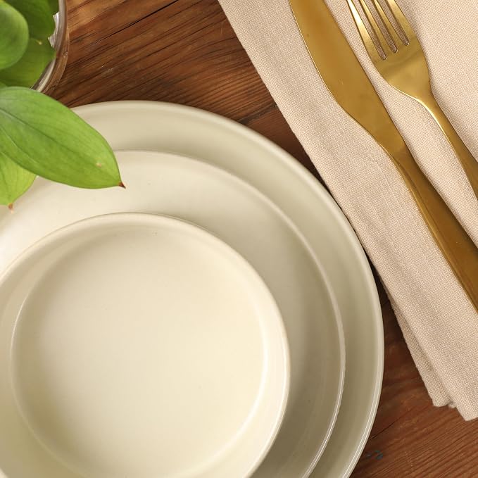 Gibson Elite Avant-Garde 12 Piece Stoneware Dinnerware Set for 4, Linen White Plates and Bowls Set with Reactive Glaze, Includes Dinner Plates, Salad Plates and Bowls