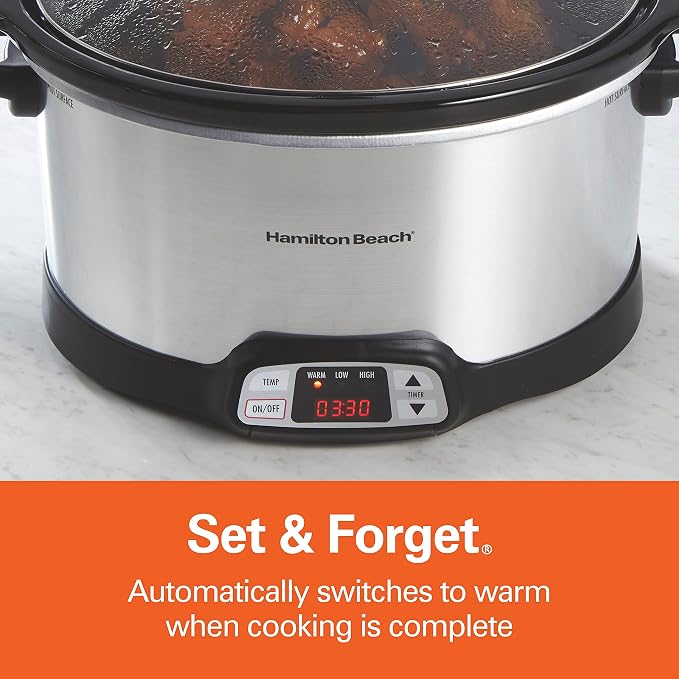 Hamilton Beach Set & Forget 8 Quart Programmable Slow Cooker | Flexible Cooking Options With 3 Heat and Adjustable Time Settings | Dishwasher-Safe Stoneware Crock & Glass Lid | Silver