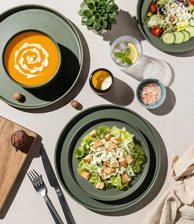 LERATIO Ceramic Dinnerware Sets for 4, High Edge Stoneware Plates and Bowls Set, Chip and Crack Resistant | Oven & Dishwasher & Microwave Safe Dishes Set, Service for 4 -Green