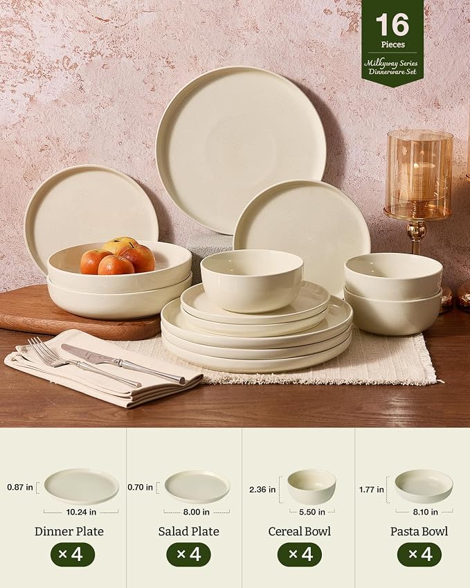 Famiware Milkyway Stoneware Dinnerware Set, 16-Piece, Including Pasta Bowl, Plates and Bowls for Everyday & Formal Dining, Service for 4, Microwave and Dishwasher Safe, Scratch-Resistant, Almond Milk
