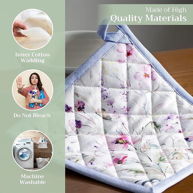 Maison d' Hermine Pot Holders 100% Cotton Heat Resistant Potholders 8" x 8" Hot Pads with Loop BBQ Cooking Baking Gifts for Mothers Day Handling Hot Pans Spring/Summer (Pack of 2, Summer Floral)