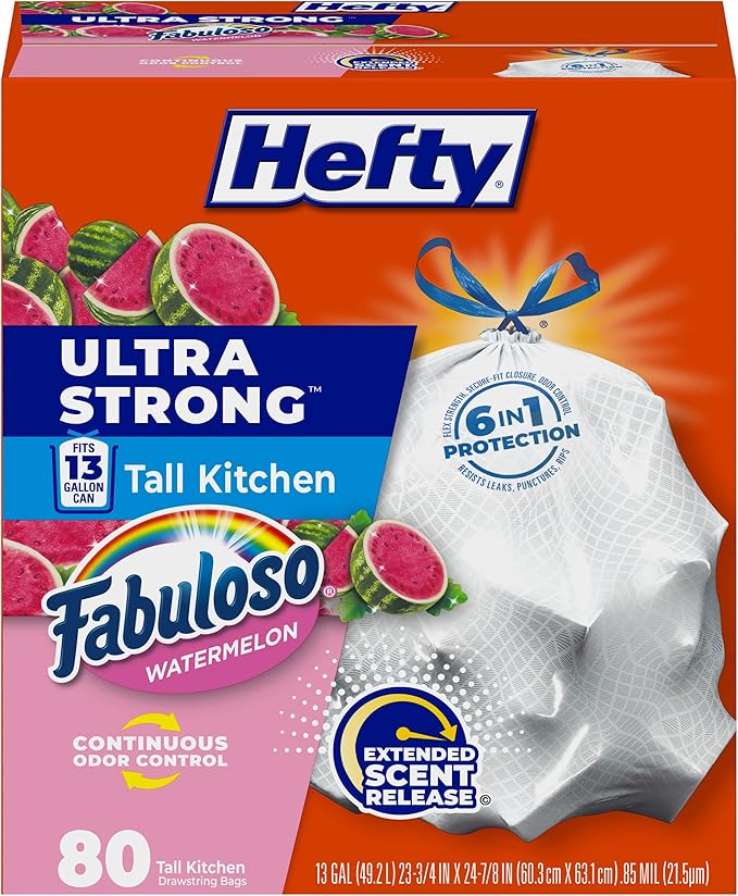 Hefty Ultra Strong 13 Gallon Trash Bags, Tall Kitchen Trash Bags 13 Gallon Size, Resist Leaks, Punctures, and Rips, Continuous Odor Control, White, Fabuloso Watermelon Scent, 80 Bags