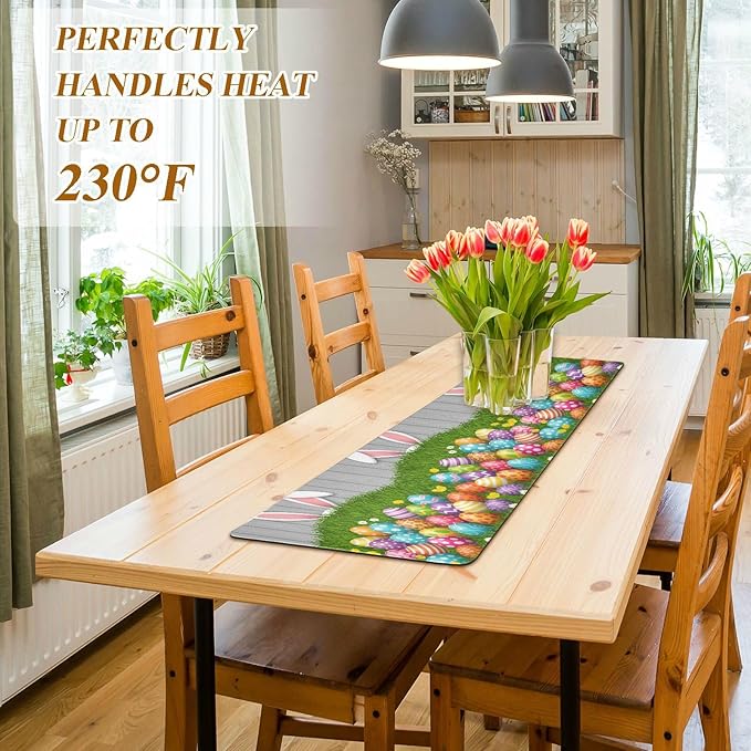 Easter Trivet Table Runner 40 Inches Long Rabbit Bunny Colorful Eggs Heat Resistant Hot Pad Multi Purpose Mat for Hot Pots Pans Kitchen Countertops