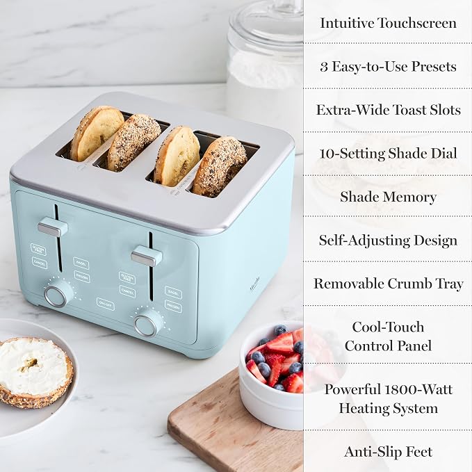 Martha Stewart 4 Slice Toaster, 10 Shade Settings with Defrost, Cancel, Bagel & Gluten-Free, Extra-Wide Self-Centering Slots for Waffles & Artisan Bread, Removable Crumb Tray, Cord Wrap, 1800W, Sky