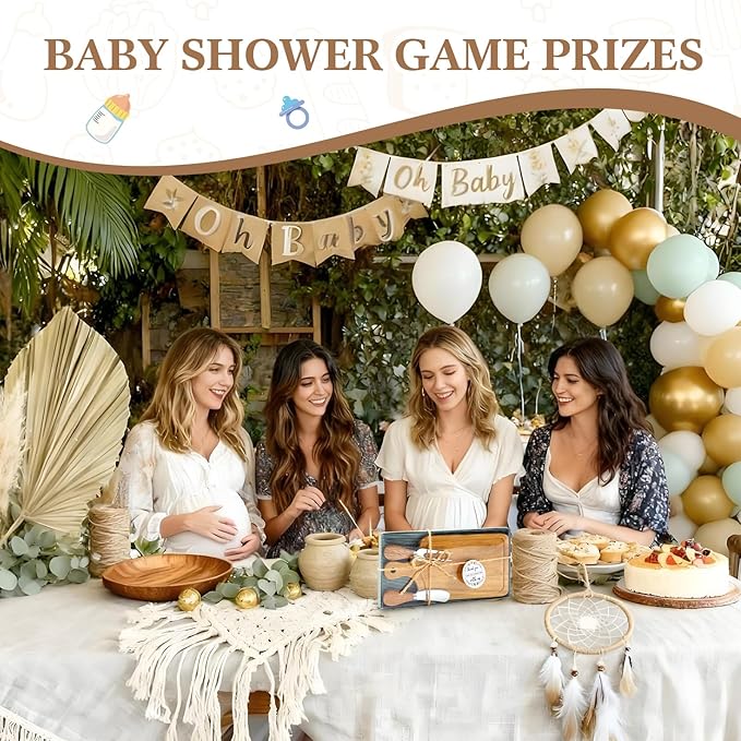 Ziliny 1 Set Bridal Baby Shower Cheese Prizes Wooden Square Board Gift Set Knives Forks Thank You Tags with Box for Guests for Valentines Bridal Baby Shower Housewarming (Teak Wood)