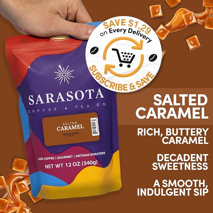 Salted Caramel Ground Coffee | Flavored Coffee Medium Roast | Sweet & Smooth Caramel with Sea Salt | Gourmet Specialty Grade | 12 oz