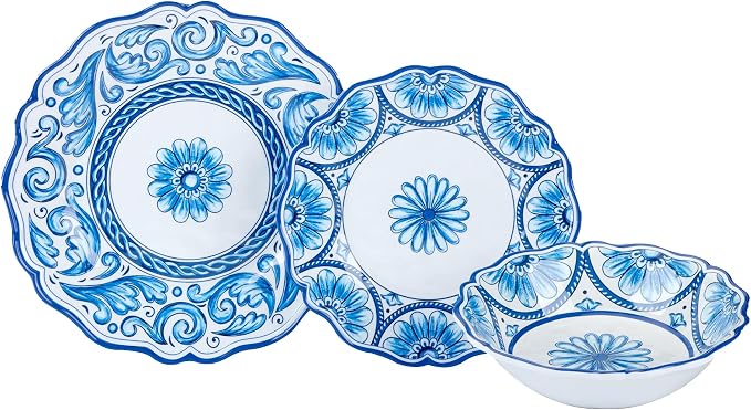 Veranda Melamine 12-Piece Dinnerware Set, Service for 4 – Includes Dinner Plates, Salad Plates, and Bowls – Elegant Blue and White for Everyday Use, Indoor/Outdoor Dining, and Entertaining