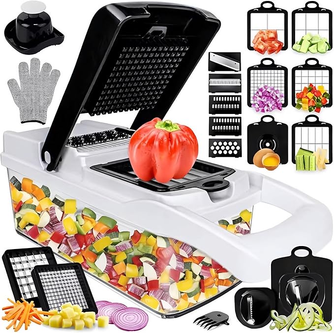 25-in-1 Vegetable Chopper, Onion Dicer, Food Slicer & Spiralizer with Container, Stainless Steel Blades, BPA-Free Multi-Function Kitchen Cutter for Meal Prep