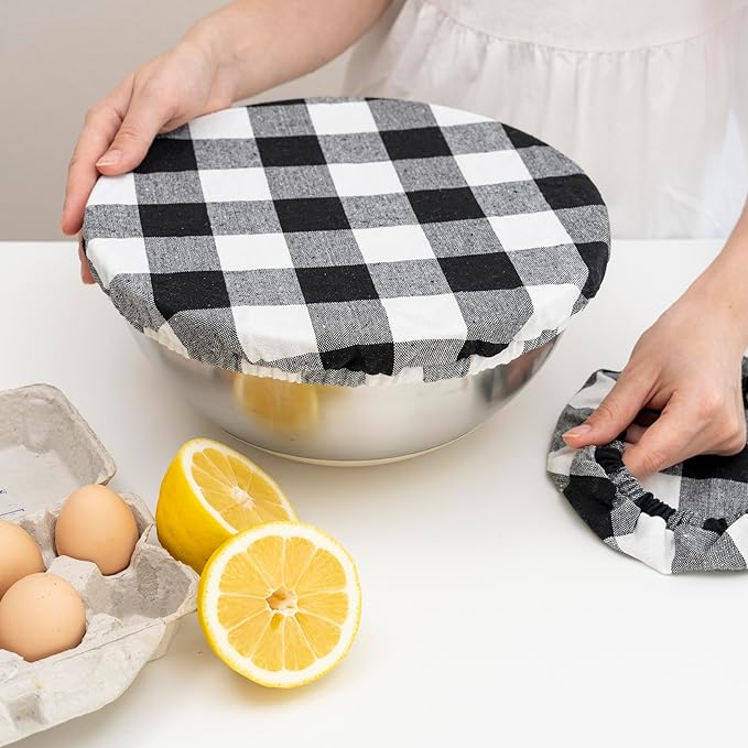 Reusable Elastic Bowl Covers - 100% Cotton Fabric Bowl Covers Set for Sourdough Bread and Mixing Bowls to Cover Dough, Fruits, Vegetables and Regulate Moisture (Black Plaid, 1XL, 1L, 1M, 1S)