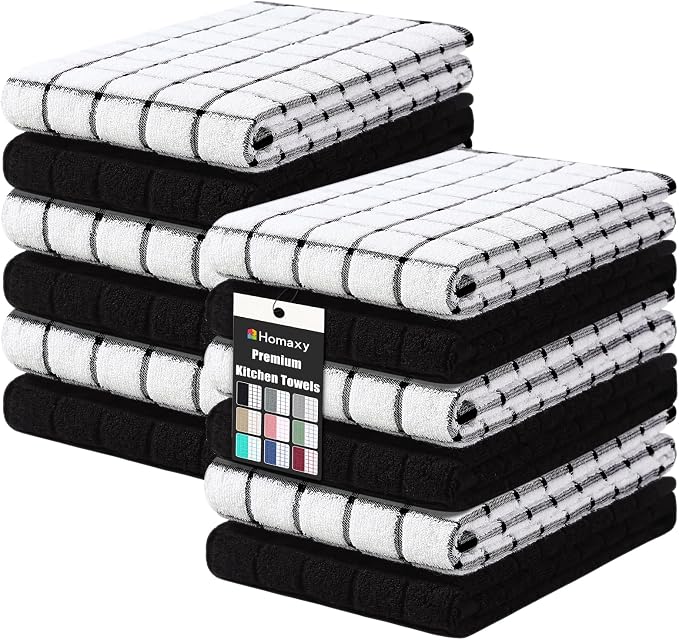 Homaxy Premium Cotton Kitchen Towels 16"x 28", Large Natural Ring Spun 390 GSM Dish Towels, Super Absorbent Terry Kitchen Hand Towels, Soft Tea Towels with Hanging Loop, Black Check Design, 12 Pack