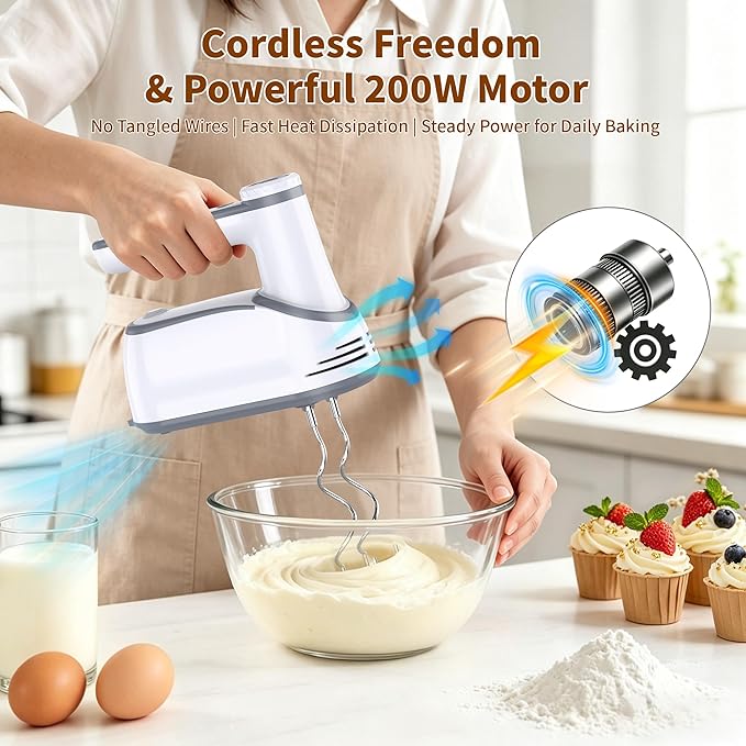 binROC Cordless Electric Hand Mixer, 12-Speed Rechargeable Handheld Mixer with Eject Button, 6 Stainless Steel Attachments, Snap-On Storage Case, LED, Self-Stand for Baking, Cake, Dough, Egg (White)