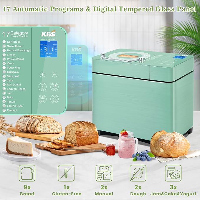 KBS 2.2LB Bread Maker, 710W Convection Bread Machine with Dual Heaters, Healthy Nonstick Ceramic Pan, Auto Nut Dispenser, 17-in-1 Bread Maker Machine for Gluten-Free, Touchscreen, 15H Delay Timer