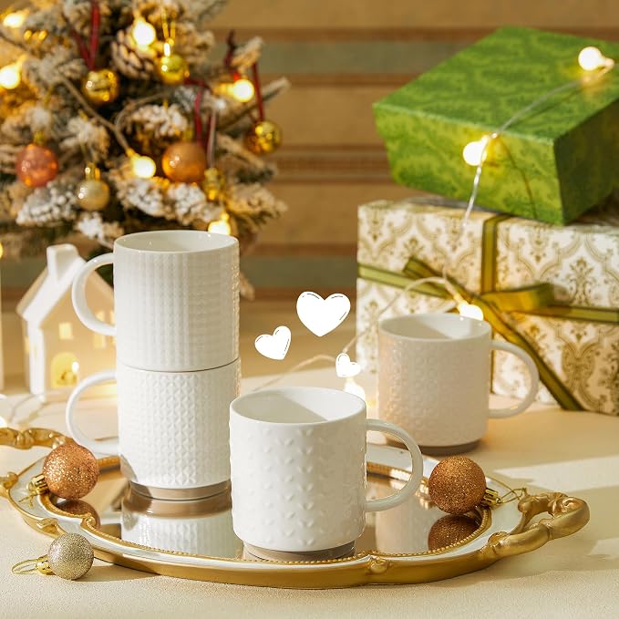 Sweese Stackable Coffee Mugs Set of 4, 10 oz Porcelain Coffee Cups with Embossed Design, White Cappuccino Cups for Coffee, Latte