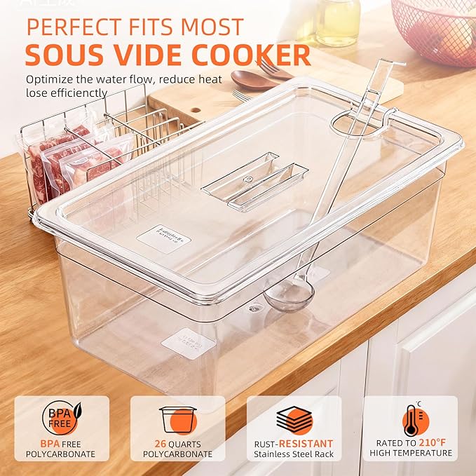 Sous Vide Container 26 QT with Lid, Rack & Spoon-Precision Cooking Tub for Anova Nano, Joule, Instant Pot Immersion Circulators - Large Accessories Kit (Elliptical opening)