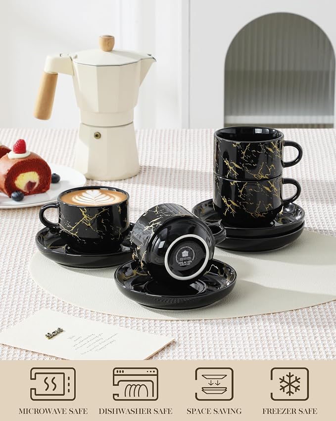MALACASA 8 OZ Porcelain Espresso Cups with Saucers and Metal Stand Set of 4, Stackable Cappuccino Cups, Marble Black Expresso Shots Cup Set for Coffee Drinks, Latte, Tea