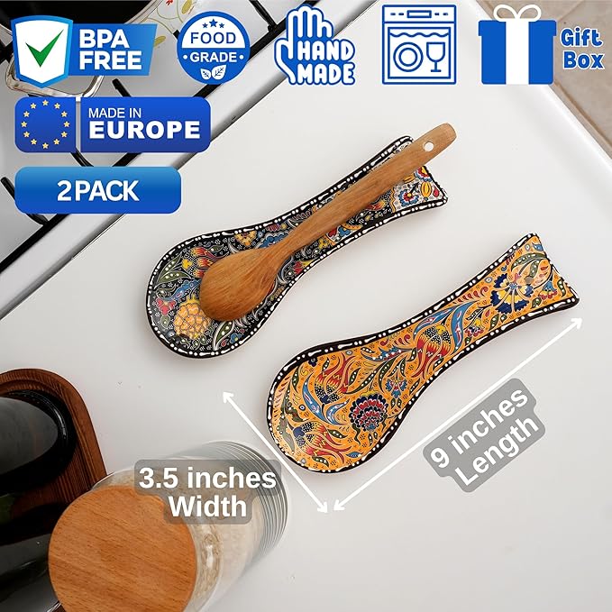 BCS Spoon Rest Set of 2 - Ceramic Spoon Holder for Stovetop & Kitchen Counter - Dishwasher Safe Handmade Kitchen Utensil (Yellow-Black 3.5” W x 9" L)