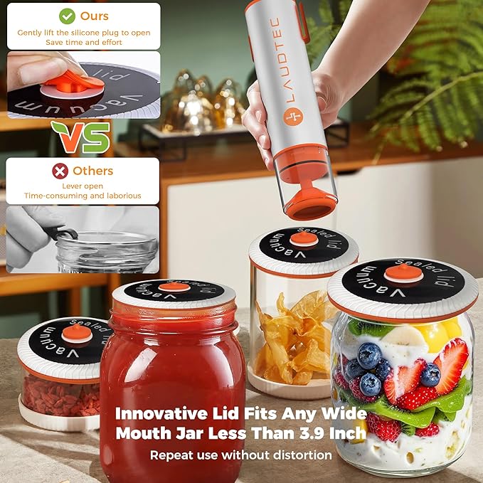 LAUDTEC 2-in-1 Handheld Vacuum Sealer for Food Storage Bags and Mason Jars (Vacuum Sealer + 10 Reusable Storage Bags + 4 Reusable Wide Mouth Jar Lids)