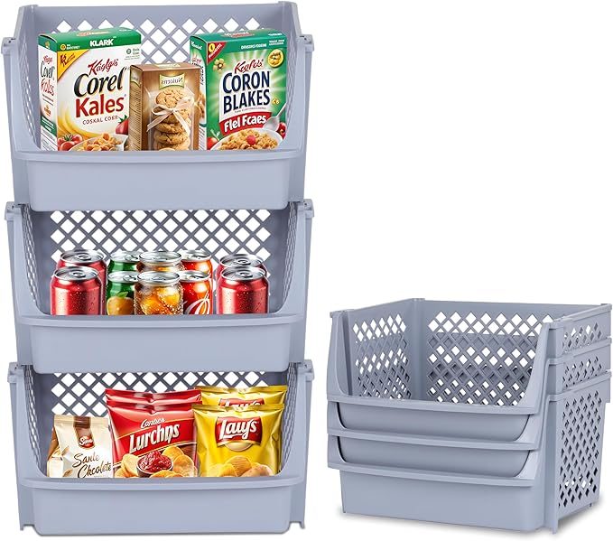 TidyFriend 3 Pk Large Stackable Storage Bins Open Front for Pantry Organizers & Storage, Pantry Storage for Food, Kitchen & Home Organization, Plastic Storage Bins, Dorm Room Essentials (Light Grey)