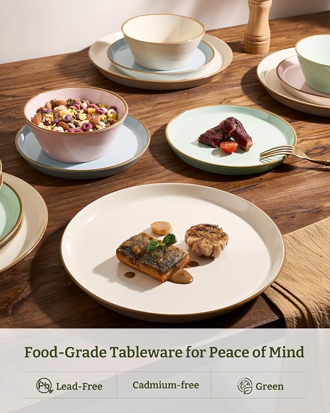 Famiware Saturn Stoneware Dinnerware Sets for 8 (24 Pieces), Ceramic Plates and Bowls Dish Sets with Hand-Painted Trim - Chip & Scratch Resistant, Microwave & Dishwasher Safe Tableware, Multi-color