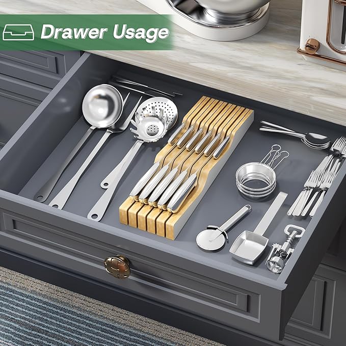 Knife Drawer Organizer Insert, Bamboo Wood Knife Holder, Knife Block Holds Up To 11 Knives