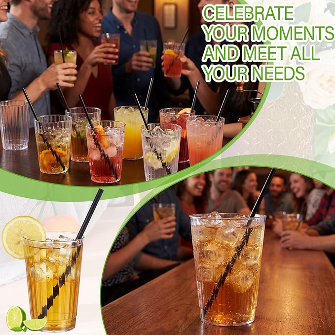 Plastic Highball Glasses with Straws(set of 48), 12 oz Shatterproof Drinking Cups, Collins Whiskey Glass Ribbed Cup, Smoothie Mojito Cocktail Tumbler for Wedding Spring Summer Party