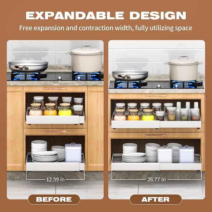 1 Pack Pull Out Cabinet Organizer Expandable,Adjustable 12-21 Inch Width Slide Out Drawer Shelves,Painted Carbon Steel with Heightening Pad,No Drill,for Kitchen/Bathroom/Pantry/Under Sink/Laundry Room