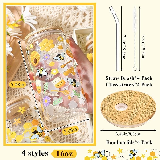 Mumufy 4 Pack Wildflower Glass Cups Gift Aesthetic Cute Glass Cup Tumbler Flower Iced Coffee Mugs 16 oz with Bamboo Lid & Straw, for Wedding Birthday Bridesmaid Mom Baby Shower