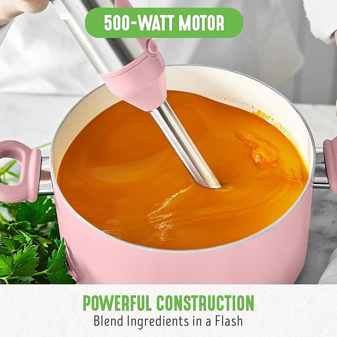 GreenLife 500-Watt Immersion Electric Handheld Stick Blender with Stainless Steel Blades, Whisk, Frother, Measuring Cup and Lid, Soups, Puree, Cake, Multi-Speed Control, Portable, Black