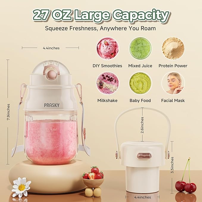 Portable Blender, Prasky Personal Blenders for Shakes and Smoothies with 27oz Cup, Lid and Shoulder Strap, Type-C USB Rechargeable, Personal Size Blenders BPA-free for Travel/Kitchen(White)
