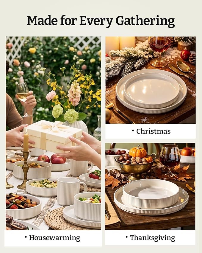 Famiware Star 24-Piece Stoneware Dinnerware Set for 8 – Oat, Ceramic Ribbed Plates and Bowls – Modern Rustic Dishes, Everyday & Formal Use – Chip & Scratch Resistant, Microwave & Dishwasher Safe
