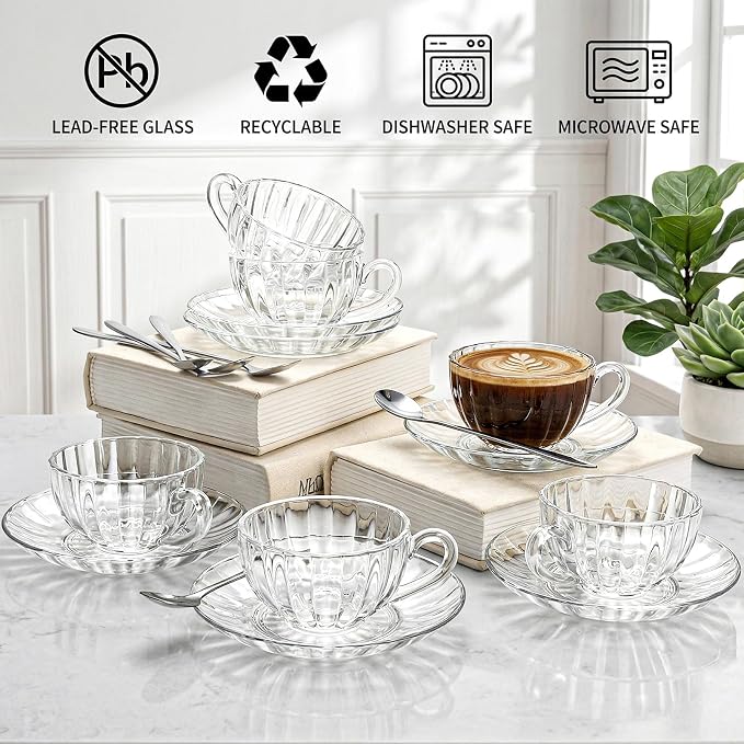 Noamus 6 Pack Glass Teacup and Saucer&Spoons Set, 5Oz/150ml Clear Coffee Mugs with Handles, Dishwasher Microwave Safe Glassware for Espresso Latte Juice Cappuccino Cereal Yogurt Milk Hot/Clod Beverage