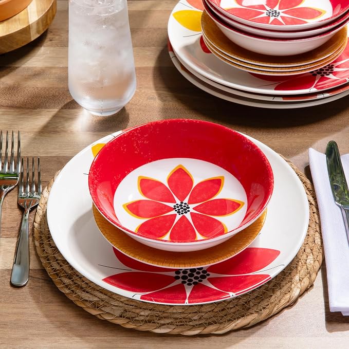 Larder & Vine 12-Piece Melamine Dinnerware Set: Durable, Lightweight, Break-Resistant Plates & Bowls – Stylish, Non-Toxic, Dishwasher Safe – Ideal for Everyday Use, Indoor & Outdoor Dining – Floral